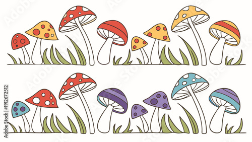 Colorful mushrooms in a whimsical arrangement with vibrant caps and stems silhouette high quality professional detailed