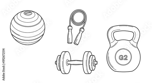 Fitness Equipment Collection: Dumbbell, Kettlebell, Jump Rope, and Exercise Ball