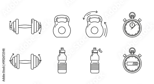 Fitness Equipment Icons: Dumbbell, Kettlebell, Water Bottle, Stopwatch - Vector Set