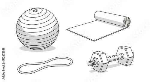 Fitness Equipment Set: Exercise Ball, Yoga Mat, Dumbbell, Resistance Band - Isolated