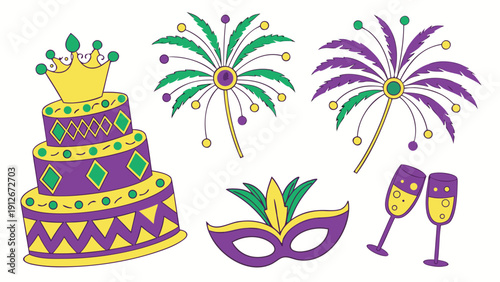 Colorful mardi gras elements including a cake mask and champagne flutes silhouette high quality professional detailed