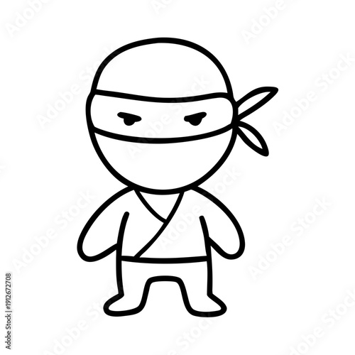 Minimalist black line art ninja icon, hand-drawn cartoon style on white. Simple ninja icon features masked character wearing traditional uniform. Perfect ninja icon for game development.