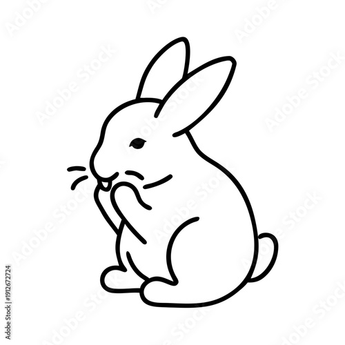 Minimalist hand drawn cartoon style rabbit chewing icon in black line art presents simple animal graphic. Stylized rabbit chewing design features clean minimal outline.
