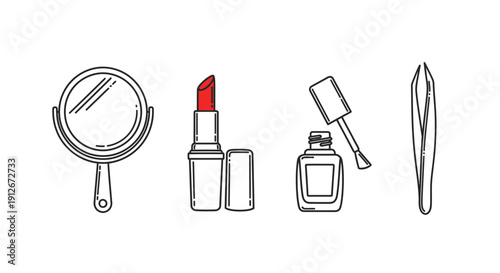 Cosmetic Icons: Lipstick, Nail Polish, Mirror, Tweezers - Beauty and Makeup Essentials