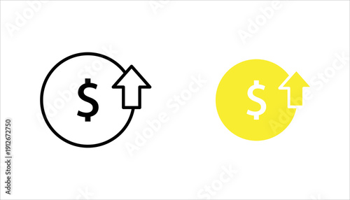 PrintOutline icon with dollar symbol and upward arrow representing profit growth, revenue increase, or financial success.
