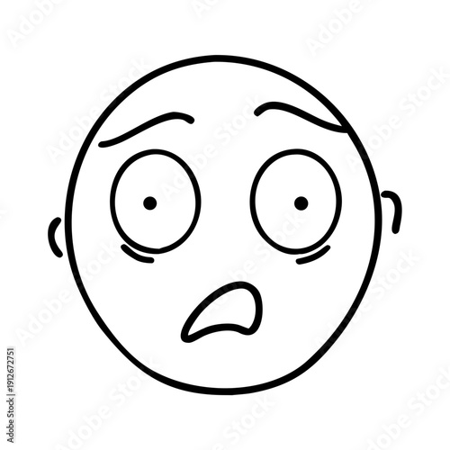 Minimalist hand drawn cartoon style surprised face icon. Black line art illustration shows wide eyes, open mouth, conveying shock or disbelief.