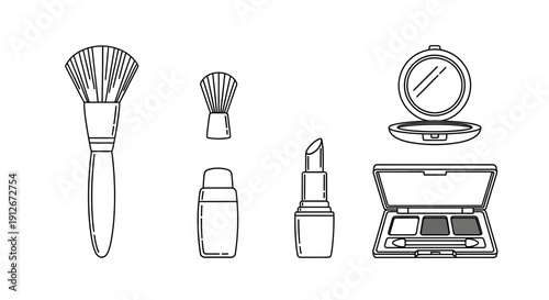 Cosmetic Makeup Brushes, Lipstick, Powder Compact, and Eyeshadow Palette Line Art