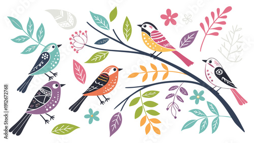 Colorful birds perch on a branch adorned with stylized leaves and flowers silhouette high quality professional