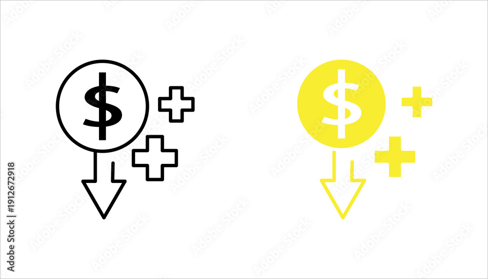 Obraz premium PrintPrintOutline icon featuring dollar symbol with plus sign and downward arrow representing deposit and withdrawal financial transaction.