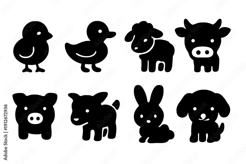 Fototapeta premium Cute Baby Animals. Cute baby animals. Filled icon set of Cute baby animals: baby chick, baby duck, baby lamb,