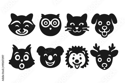 Funny Animal Faces. Funny animal faces. Filled icon set of Funny animal faces: cheeky raccoon, puzzled owl,