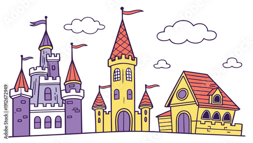 A colorful fairytale castle illustration with flags and clouds a charming silhouette high quality professional detailed