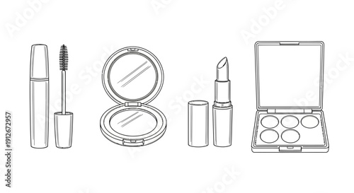 Cosmetics Collection: Mascara, Powder Compact, Lipstick, Eyeshadow Palette - Line Art