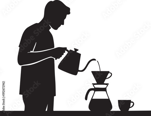 Person pouring water from a kettle into a pour-over coffee dripper silhouette isolated on white background minimalist coffee brewing and barista illustration