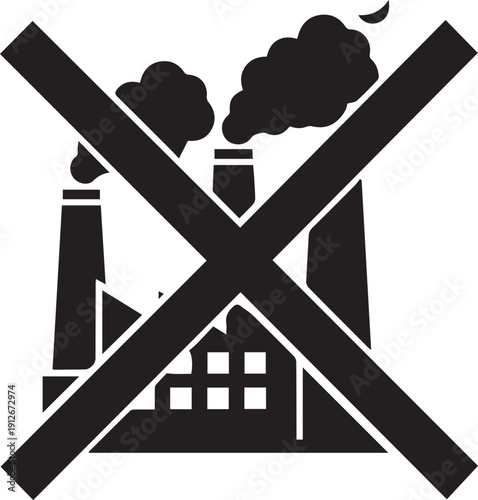 Factory pollution warning sign crossed out vector silhouette prohibiting industrial emissions for clean air