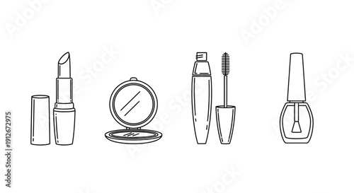 Cosmetics line art icons: lipstick, compact mirror, mascara, nail polish