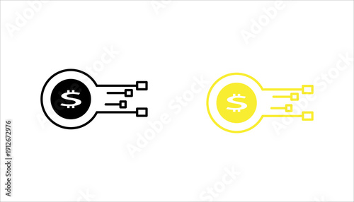 Simple line icon of digital money transfer with dollar symbol and data connection lines. Finance technology concept isolated on white background.