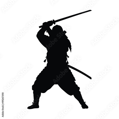Dynamic Black Silhouette of Samurai Warrior with Katana Sword