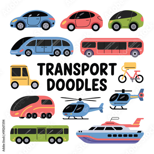 Transport Doodle Collection: A vibrant collection of transport doodles showcases diverse vehicles, capturing the essence of travel and movement.