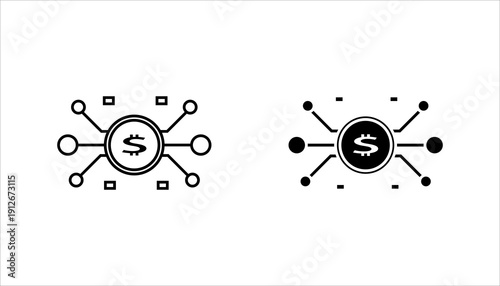 PrintOutline icon of dollar symbol connected to multiple nodes representing financial network, investment system, and digital economy.
