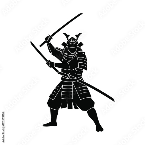 Stylized Black Silhouette Japanese Samurai Warrior with Dual Swords Graphic Art