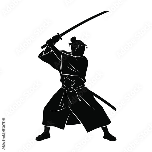 Vector Black Silhouette of Japanese Samurai Warrior with Katana Sword