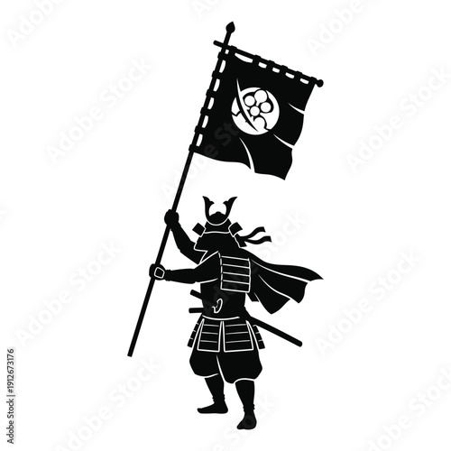 Black Silhouette Japanese Samurai Warrior Holding Banner Vector Illustration