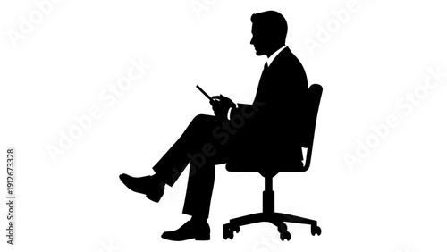 Man sitting in office chair using digital tablet from side view