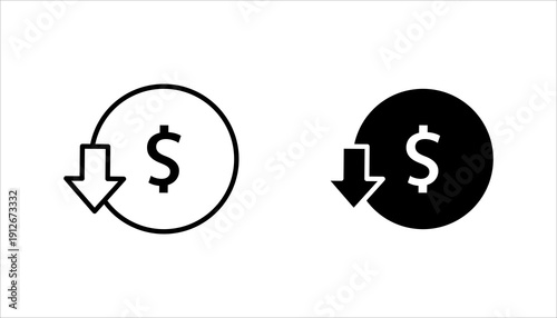 PrintMinimal outline icon showing dollar symbol with downward arrow representing financial loss, price drop, or revenue decrease.