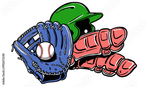 Baseball gear vector graphic set. Catcher's glove, ball, helmet, and protective shin guards illustration. American sport emblem art.