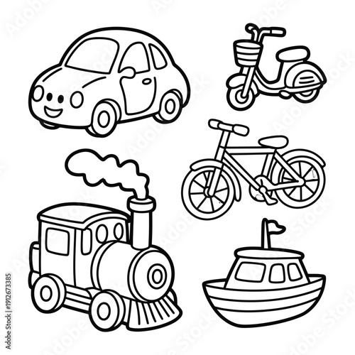 Whimsical Transport Collection: A delightful collection of playful transportation illustrations, featuring a car, scooter, bicycle, train, and boat. Designed with simple lines.