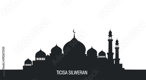Silhouette mosque illustration, Islamic architecture, crescent moon dome, religious landmark, cultural heritage, spiritual design, minarets, domes, worship place, vector art