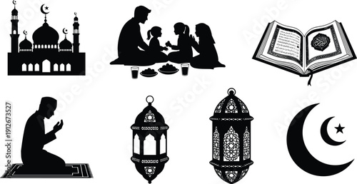 Islamic culture silhouettes, mosque, family Ramadan, Quran, prayer, lanterns, crescent moon, fasting, worship, devotion, heritage, spirituality, vector artwork