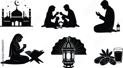 Ramadan silhouettes, mosque, family iftar, Quran reading, prayer devotion, fasting dates, lantern, crescent moon, Islamic culture, worship, spirituality, heritage, vector