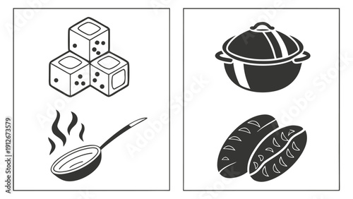 Black and white illustrations depicting dice a pot bread and cooking tools silhouette high quality professional
