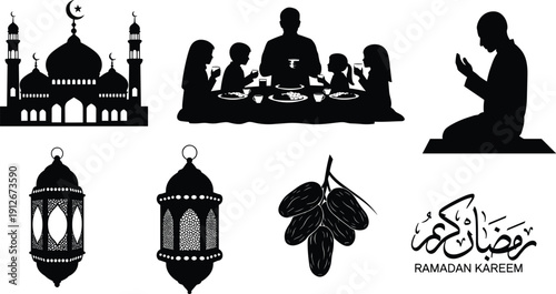 Ramadan Kareem silhouettes, mosque, family iftar, Quran reading, prayer devotion, fasting dates, lantern, crescent moon, Islamic culture, worship, spirituality, vector
