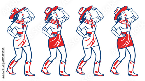 Four retro cowgirls in a repeating pattern showcasing a classic western aesthetic silhouette high quality professional
