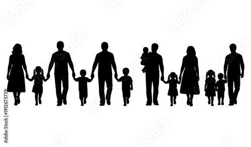 Happy Family Silhouette Collection with Parents and Children Walking Standing and Holding Hands Vector Illustration