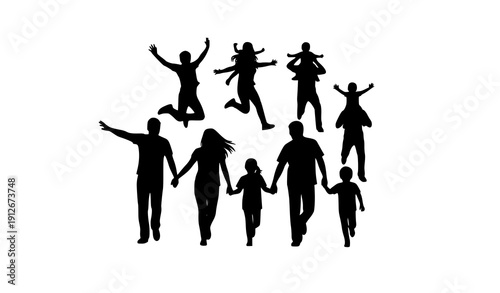 Playful Happy Family Silhouette Set with Parents and Kids Jumping Hugging and Playing Vector