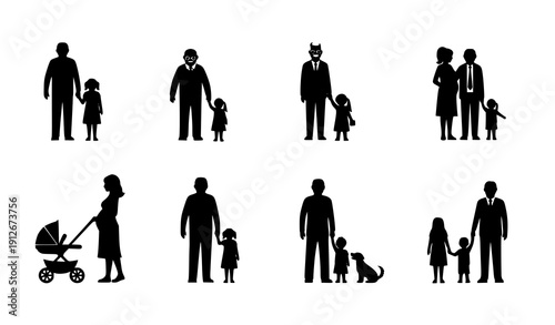 Diverse Family Silhouettes Set Including Parents Children Grandparents and Pet Vector Illustration