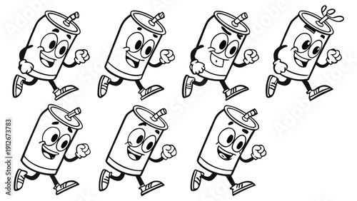 Animated soda cans running in a repeating pattern creating a playful visual effect silhouette high quality