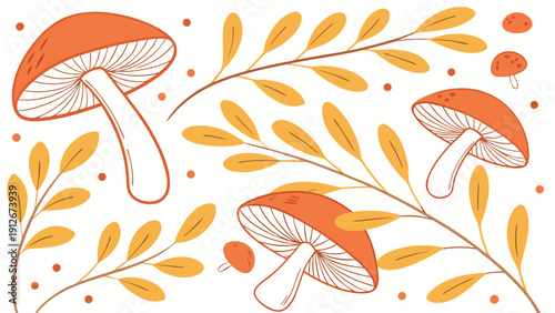 Stylized illustration of orange and yellow mushrooms with leafy branches a charming silhouette high quality professional