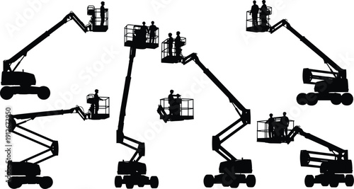 Aerial work platform lift silhouettes with workers operating boom lifts at height isolated on white background industrial construction maintenance 