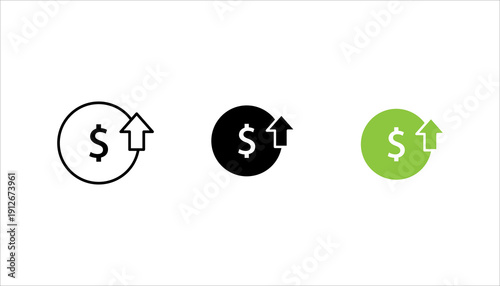 PrintOutline icon with dollar symbol and upward arrow representing profit growth, revenue increase, or financial success.