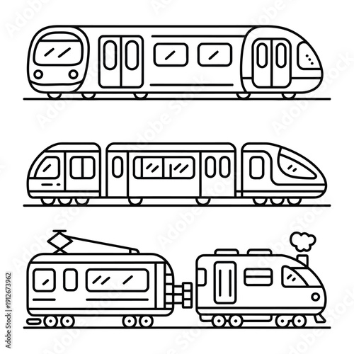 Transportation Line Art: A collection of various train illustrations, showcasing diverse designs for travel and transit. 
