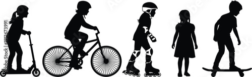 Children outdoor activity silhouettes set showing kids riding scooter bicycle roller skates and skateboard isolated on white background playful lifestyle sport vector illustration