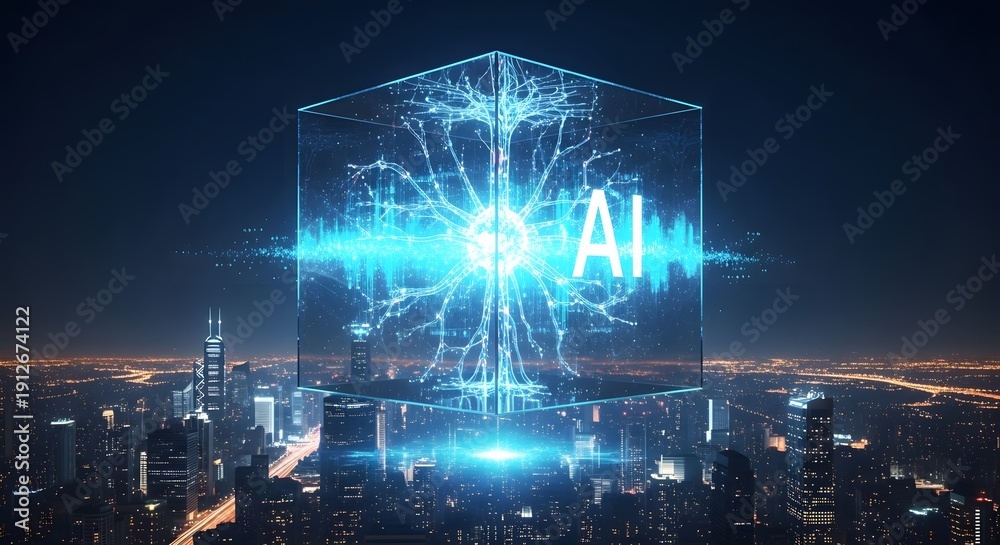 Fototapeta premium A futuristic glowing AI cube hovers over a sprawling night city.