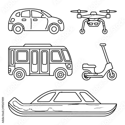 Urban Mobility in Monochrome: A collection of various modern transport options, meticulously outlined in a minimalist aesthetic, including a car, drone, bus, scooter, and boat.