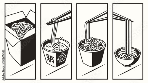 Four panels depicting instant ramen preparation from box to bowl in a striking silhouette high quality