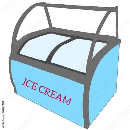 Light blue commercial ice cream display freezer illustration with glass top and 